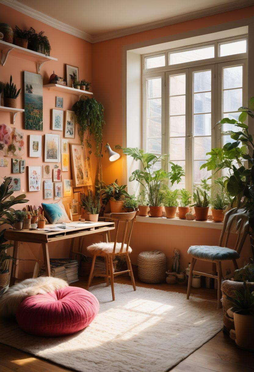 A cozy studio space adorned with soft, ambient lighting, filled with romantic elements like plush cushions, lush plants, and vibrant art supplies. The walls are decorated with imaginative artworks, and a workspace features a canvas with expressive brush strokes. A window allows gentle sunlight to illuminate the room, creating a warm and inviting atmosphere. The scene captures creativity and love, inspiring artistic crafting. super-realistic. vibrant colors. soft focus.