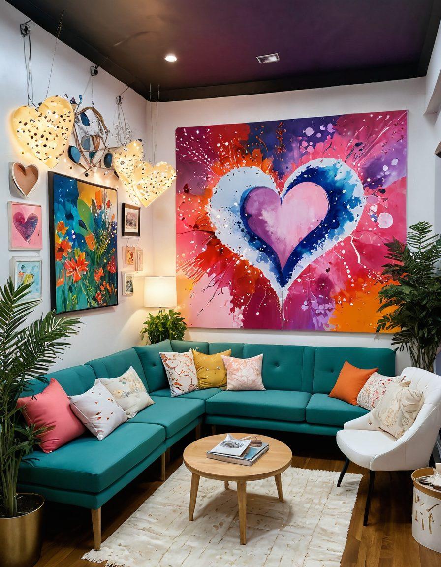 A whimsical art studio filled with vibrant colors and imaginative creations, featuring a large canvas with an affectionate mural of intertwining hearts and abstract shapes. The room is adorned with paint splatters, cozy seating, and twinkling fairy lights, creating an inviting atmosphere. Include artists joyfully collaborating and sharing ideas, with small plants adding a touch of nature. super-realistic. vibrant colors. warm lighting.