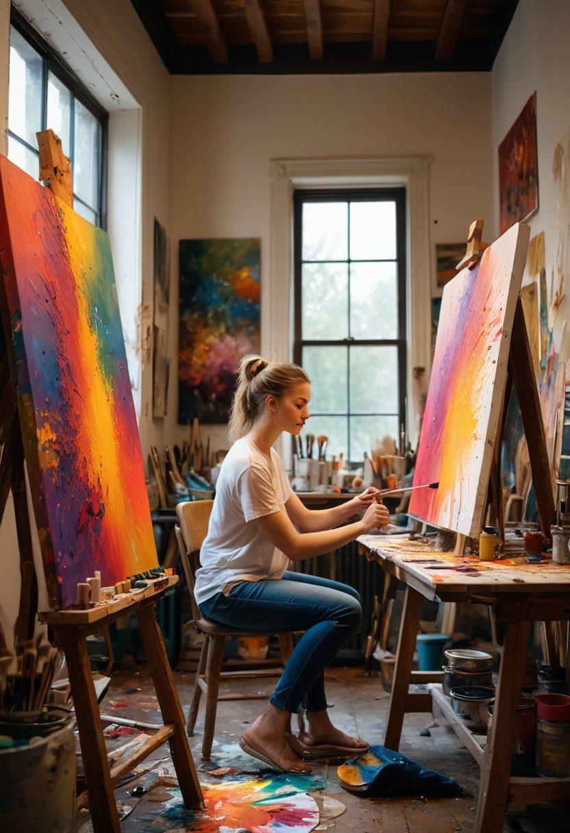 A captivating artist's studio showcasing a blend of vibrant artwork, emotional expressions on canvases, and intricate brushes laid out thoughtfully. The room is bathed in warm, natural light, highlighting the contrast between aesthetics and raw emotion. Include visual elements that symbolize creativity, such as paint splatters and sculpted figures. super-realistic. vibrant colors. warm light.